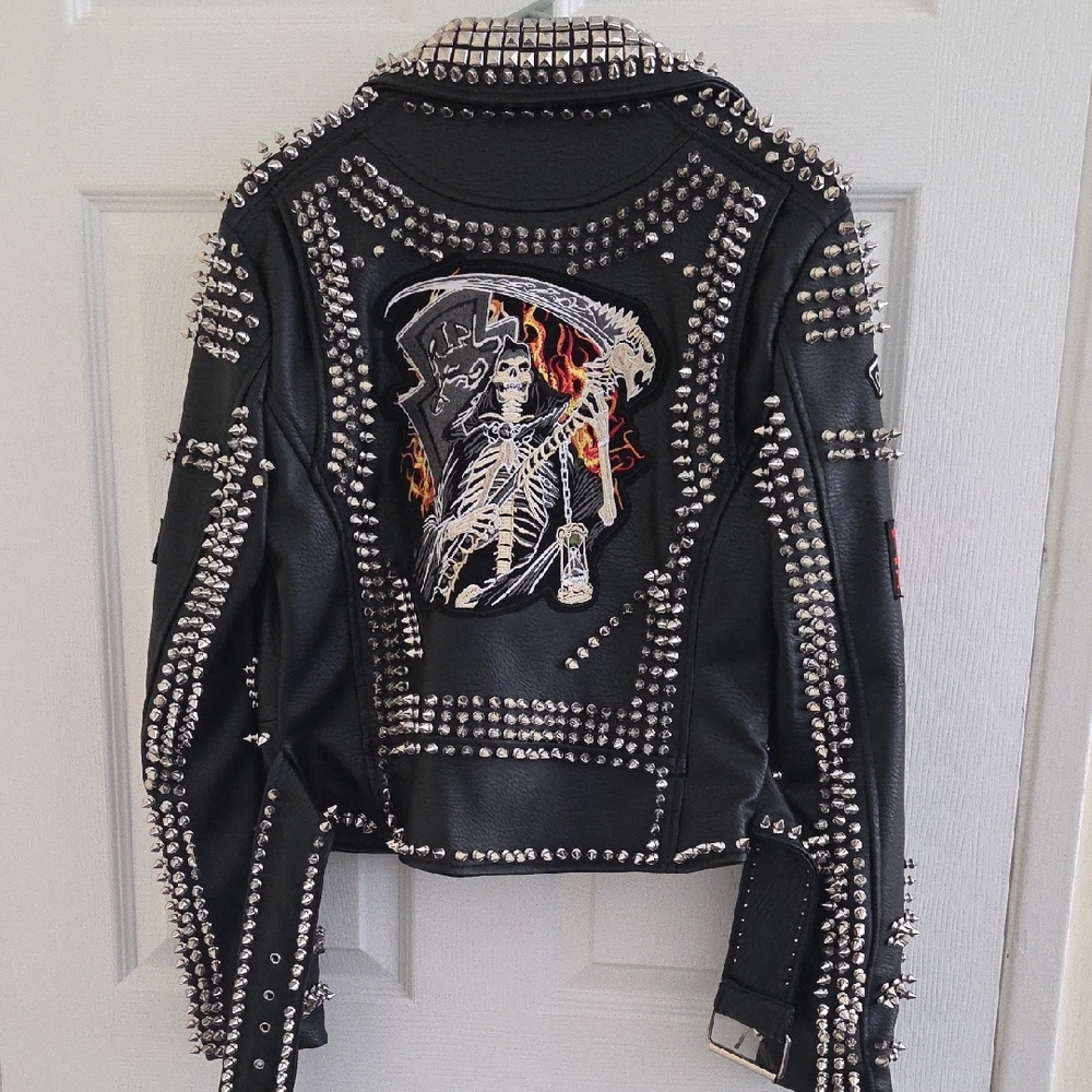 AZALEA WANG ACDC - AKIRA PUNK - ROCK STUDDED PATCHWORK MOTO JACKET - Picture 3 of 4
